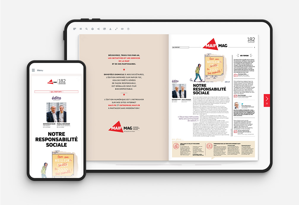Magazine MAIF en Fluidbook : double page sur tablette et version Mobile First sur smartphone