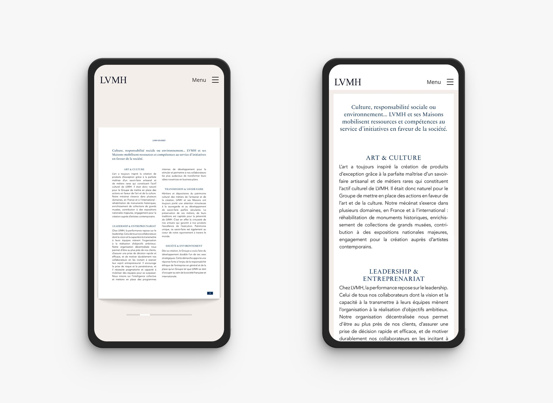 Deux smartphones affichant la même page LVMH : à gauche la page réduite, illisible, à droite la version Mobile First au texte lisible